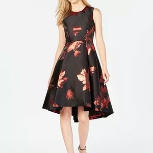 Calvin Klein Woman’s Red and Black Floral High Low Fit and Flare Dress